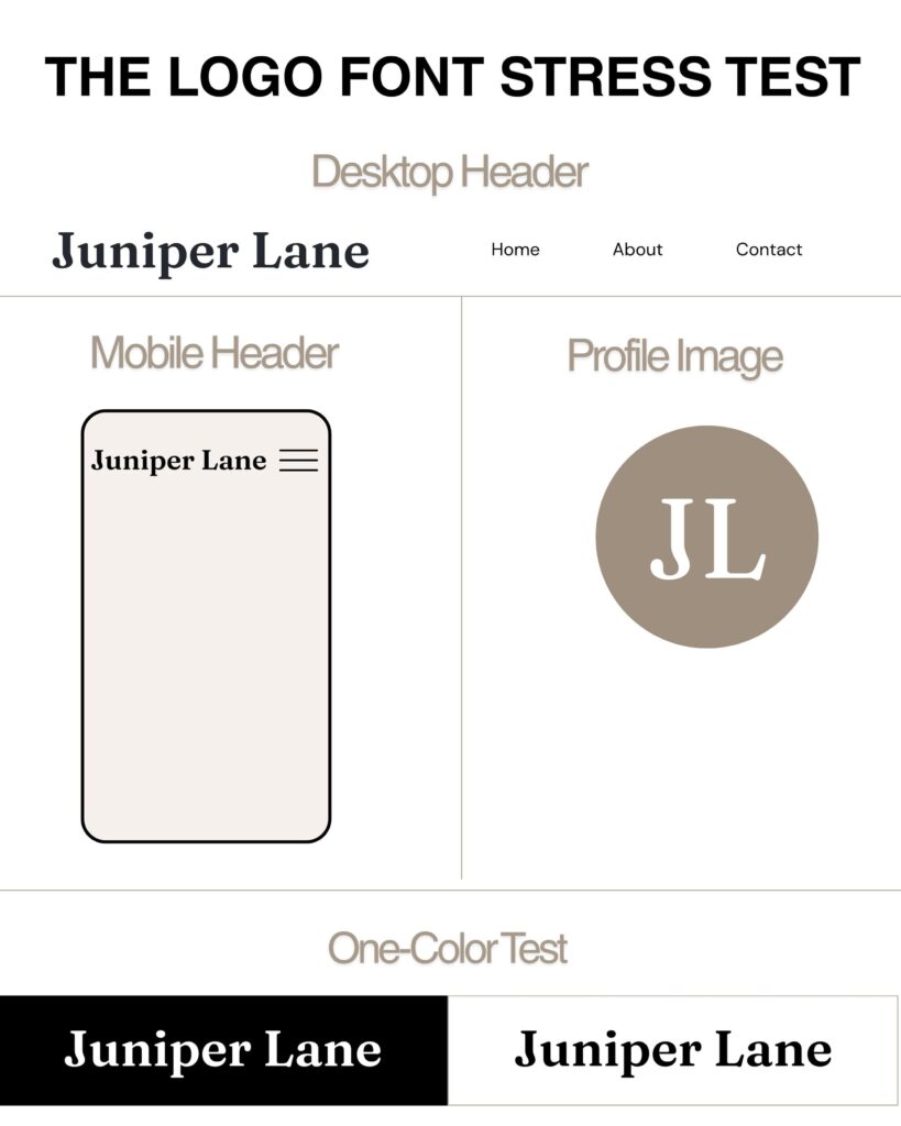Readability test for logo fonts shown in desktop, mobile, social profile, and black-and-white formats